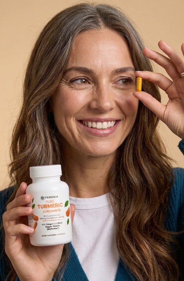 Woman enjoying a turmeric wellness supplement